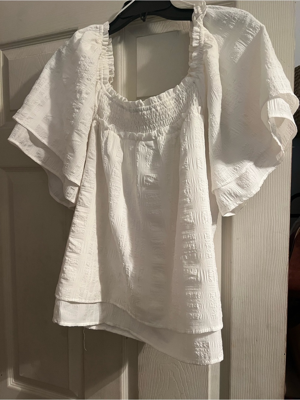 mittoshop White Ruffled Flutter-Sleeve Smocked-Neck Blouse